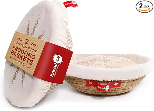 KneadAce Cotton Rope Banneton Bread Proofing Basket Set, 2 x Round Bread Basket with Liners & Covers for Artisan Bread Baking, Sourdough Bread Baking Supplies