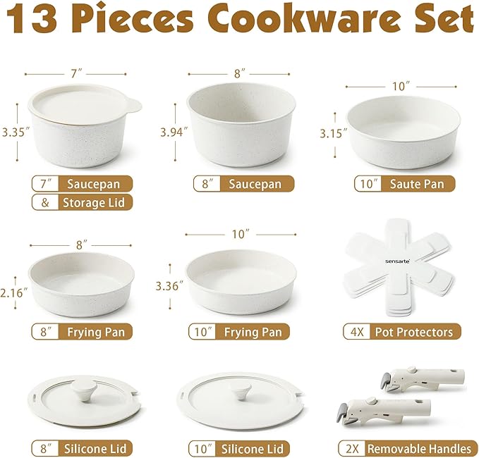 SENSARTE 13 Piece Pots and Pans Set, Nonstick Detachable Handle Cookware, Induction Kitchen Cookware Set with Removable Handle, Healthy Non Stick for RV, Dishwasher ＆ Oven Safe (White)