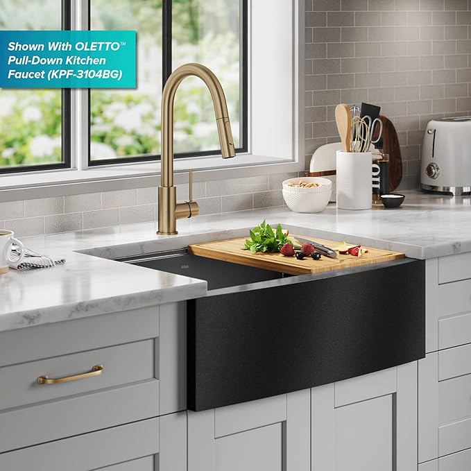 KRAUS Kore Workstation 27-inch Farmhouse Apron Front 16 Gauge Black Stainless Steel Single Bowl Kitchen Sink in PVD Gunmetal Finish with Accessories, KWF210-27-PGM