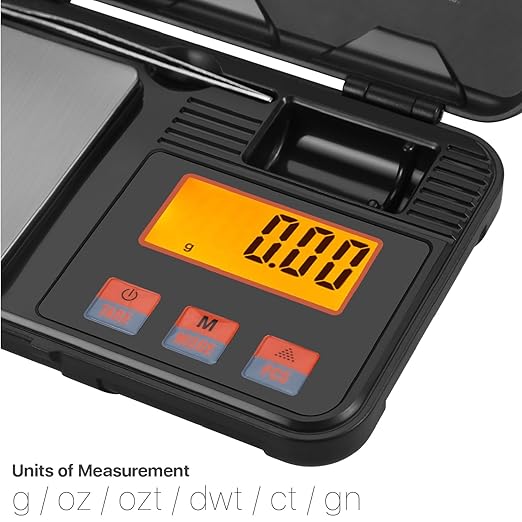 Flexzion Digital Scale Pocket Size Precision Gram Scale 200g / 0.01g, Travel Portable Mini Kitchen Food Ounces Carats/w Tweezers, LCD Light, 50 g Calibration Weight, 6 Units, Tare, Stainless Steel