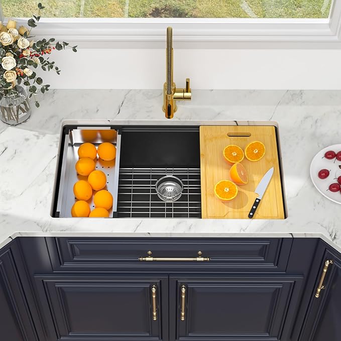 Kichae Granite Composite Undermount Kitchen Sink 32 inch - Granite Quartz Sink 32 x 19 Matte Black Workstation Sinks