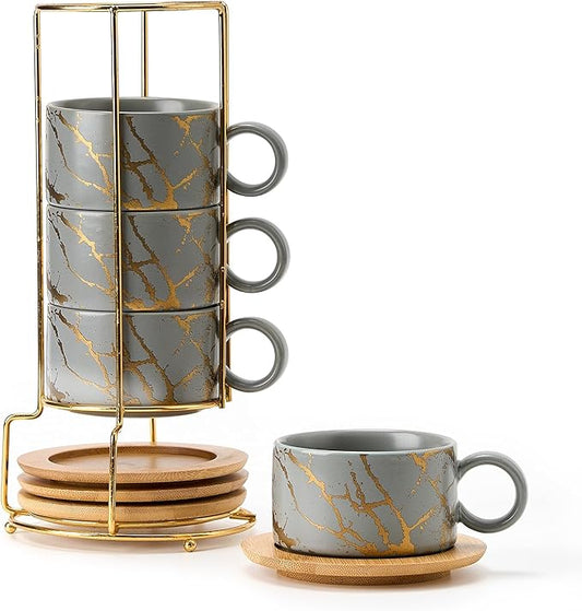 LUKA 6 Ounce Porcelain Stackable Espresso Cups with Saucers and Metal Stand Set of 4, Ceramic Cappuccino Cups Set for Specialty Coffee Drinks, Latte, Cafe Mocha and Tea, Gray
