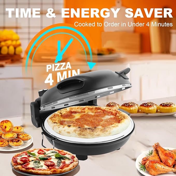 Electric Pizza Maker, 12 Inch Countertop Pizza Oven with Pizza Stone, 1200W Indoor Italian Style Pizza Cooker, Dual Heating with Independent Temperature Control, Heats Up to 800°F, Black