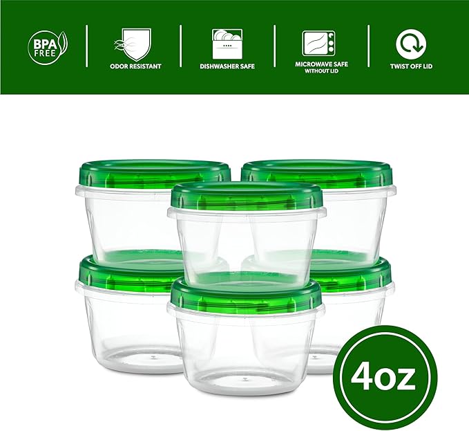 (4 Ounce 10 Pack) Twist cap Containers Clear Bottom With Green Top Screw on Lids Twist Top Food Storage Freezer Containers