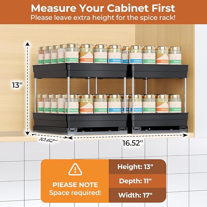 Pull Out Spice Rack Organizer for Cabinet, Slide Out Spice Racks Organizer, Easy to Install Spice Cabinet Organizers, 8.26''Wx10.6''Dx8.7''H, 2 Pack-2 Tier(Black)