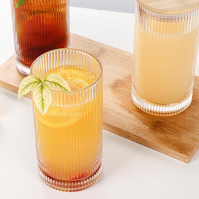 Vintage Ribbed Glassware Set, 16oz Drinking Glasses, Origami Style Set of 4, Fluted Design, Ideal for Water, Iced Coffee, Juice, Beer, Milk, Gift (16oz with lids and straws)