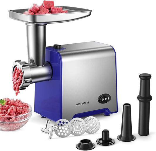 Electric Meat Grinder, Sausage Stuffer Maker 450W Food Grinder with Blade & 3 Plates, Sausage Stuffer Tubes & Kubbe Kit, Stainless Steel Meat Mincer Machine for Home Kitchen Use (Blue)
