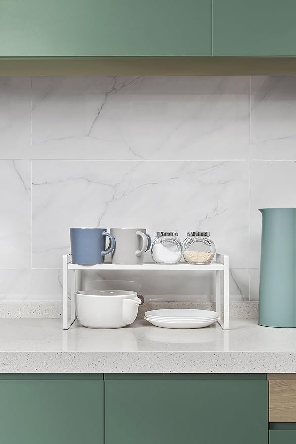 2Pack Kitchen Cabinet Shelf Counter Organizer Rack Pantry Storage Bathroom Bedroom Office Table Desk Space Saving Stackable Rust Resistant Non Slip White Wide L16.1in W10.6in H7.3in