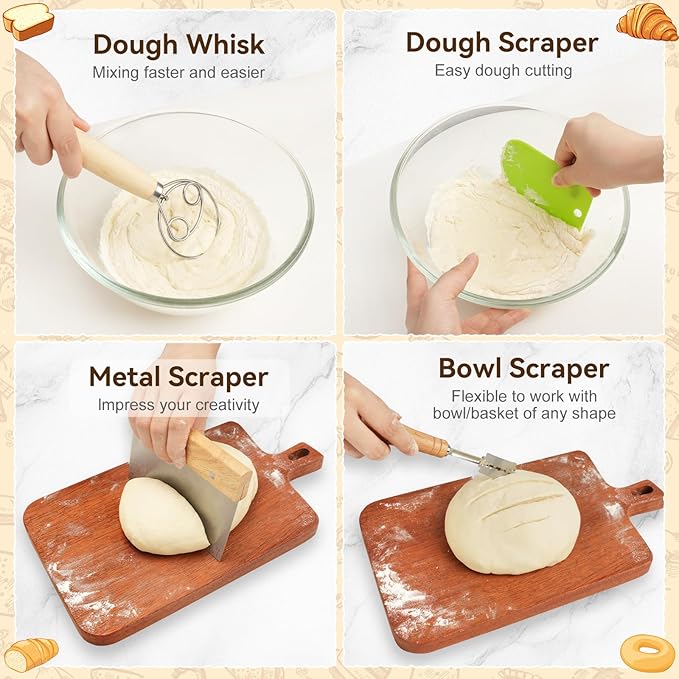 Sourdough Starter Kit - Banneton Bread Proofing Basket & Bowls - 9" Round & 10" Oval & 17" Baguette Sourdough Proofing Basket