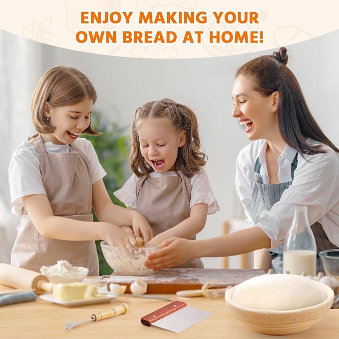 Banneton Bread Proofing Basket, Round 10 Inch Sourdough Starter Kit, Sourdough Bread Baking Supplies with Sourdough Proofing Basket Danish Dough Whisk Scoring Lame Dough Scraper Bread Bag with Sticker