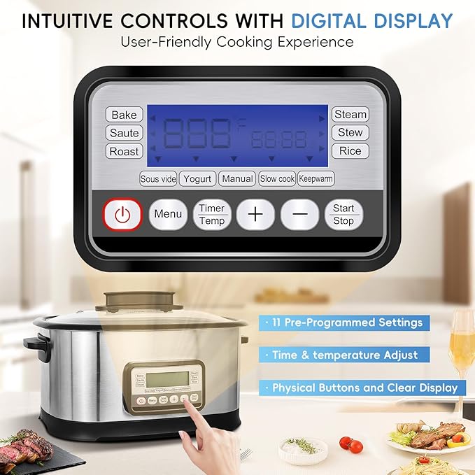 6.5 Quart Multi Cooker 11-in-1, Programmable Slow Cooker With Bake, Sauté, Roast, and Sous Vide functions, 1500W Timer & Temperature Control, Dishwasher Safe Lid & Nonstick Inner Pot