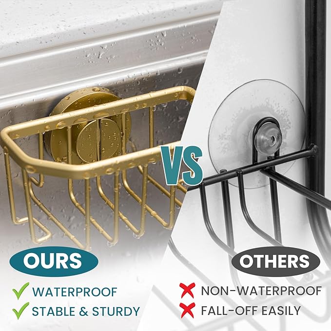 TAILI Sponge Holder for Kitchen Sink with Strong Suction Cup Removable, Rustproof Aluminum Sink Caddy for Sponge, Brush, Scrubber, Scraper -Gold