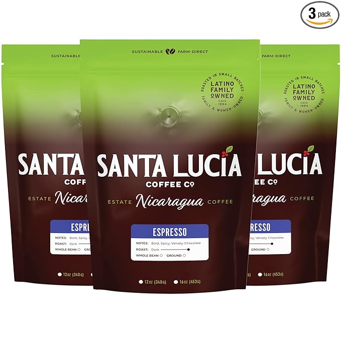 Santa Lucia Coffee Café Crema Espresso Roast Coffee - Specialty Volcanic Nicaraguan Espresso Roast - Farm-Direct, Low-Acid - Dense Golden Crema - 91-Point, Small-Batch - Ground - 16oz (Pack of 3)