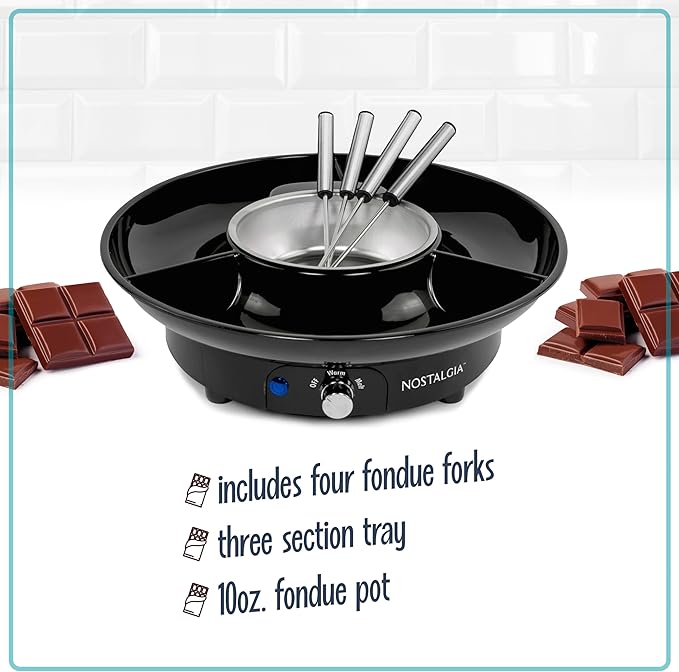 Nostalgia Electric Fondue Party Set – 10 oz Melting Pot, 4 Roasting Forks, & Detachable Serving Tray – Melted Cheese, Chocolate, or Dessert – Perfect for Gifts, Parties, Date Night – Black