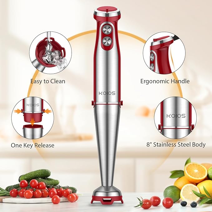 KOIOS Immersion Blender, 1000W Anti-scratch 3-in-1 Hand Blender, Upgraded 12 Speed Stainless Steel Blade Stick Blender with Turbo Mode, Whisk and Milk Frother, Non-BPA, Red