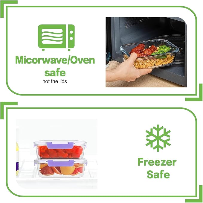 8 Pack 36oz Large Glass Meal Prep Containers with lids, Glass Food Storage Containers with Leak Proof Snap Lock Lids , Airtight Bento lunch Boxes, Kitchen Storage, Oven and Dishwasher Safe-Purple