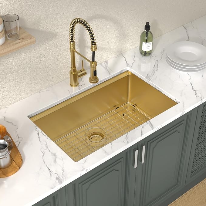 Lordear 28 Undermount Kitchen Sink Gold Stainless Steel 16 Gauge Under Counter Workstation Sink Single Bowl 304 Stainless Steel One Basin Handmade Sinks