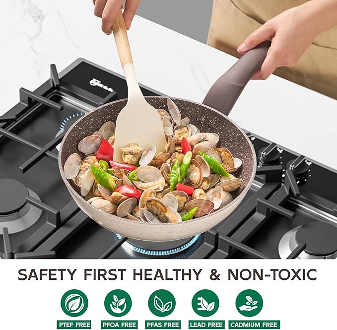 5Pcs Non Stick Pots and Pans Set | Ceramic Cookware Set with Stay-Cool Handles | PFAS-Free, Oven & Induction Safe Kitchen Utensils Set