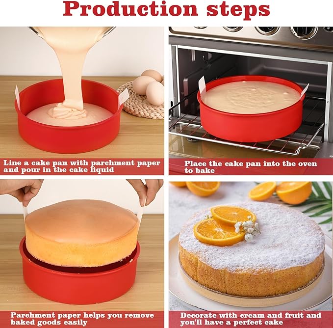 HUAKENER 8 Inch Round Cake Pan, 3 Pack Silicone Cake Molds with 100 Pieces Parchment Paper, Nonstick Cake Molds for Birthday Cakes, Layer Cakes, Cheese Caks, Chocolate Cakes