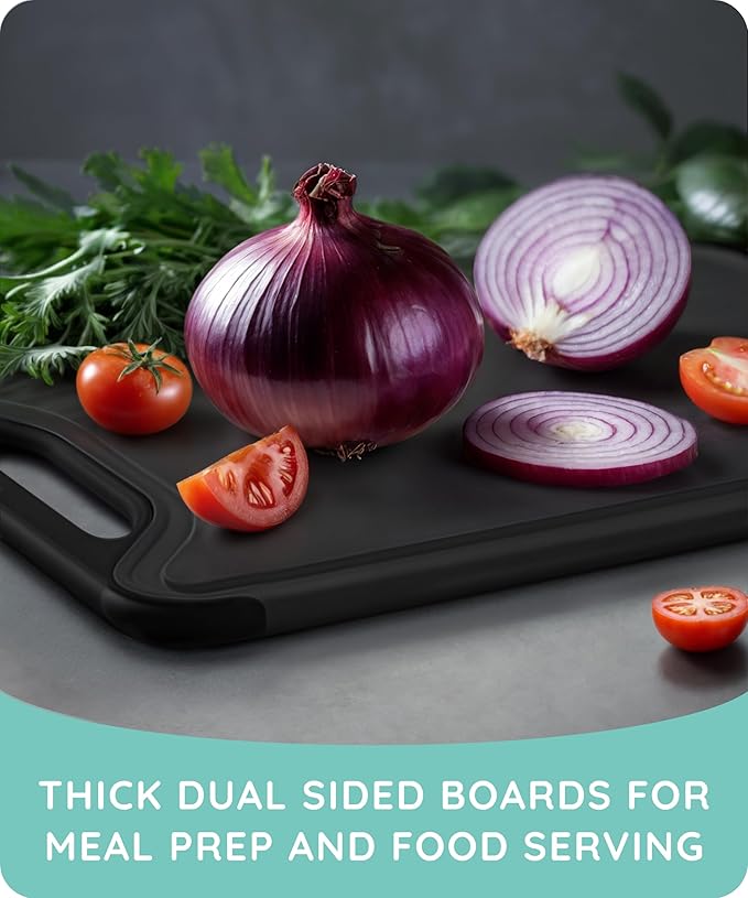 Cutting Boards for Kitchen, Plastic Cutting Board Set of 3, Dishwasher Safe Cutting Boards with Juice Grooves for Meat, Veggies, Fruits, Easy Grip Handle, Non-Slip (Black/Gray)