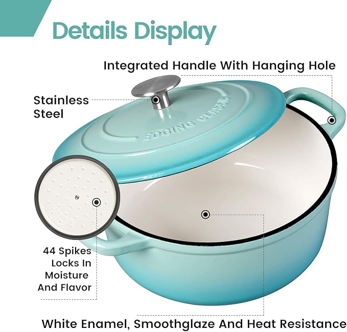 Enameled Cast Iron Covered 5.5 Quart Dutch Oven with Dual Handle for Bread Baking, Dutch Ovens with Lid, Peacock Blue