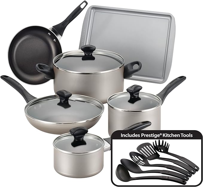 Farberware 21805 Dishwasher Safe Nonstick Cookware Pots and Pans Set, 15 Piece, Champagne