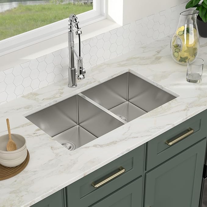 Logmey 33 Inch Double Bowl Undermount Kitchen Sink 33x19x9 Inch 50/50 Nano Coating Stainless Steel 16 Gauge Handmade Kitchen Sink