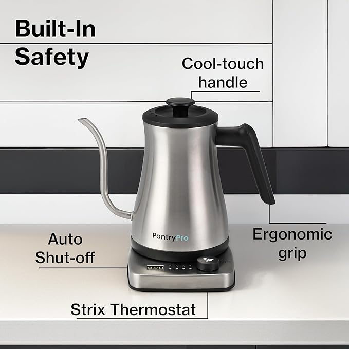 1.0L 1500W Gooseneck Electric Kettle - Stainless Steel Interior - Rapid-Boil - Auto Shut-Off, Boil-Dry Protection, Temperature Control, LED Indicator - Silver by The Display Guys