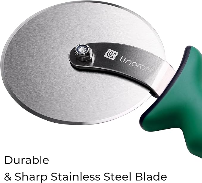 Linoroso Pizza Cutter Wheel, Durable Stainless Steel 4-Inch Pizza Wheel Cutter with Comfortable Safety Handle, Pizza Slicer Wheel for Cutting Through Pizza, Crust, Pie, Brownie, Flatbread, Green