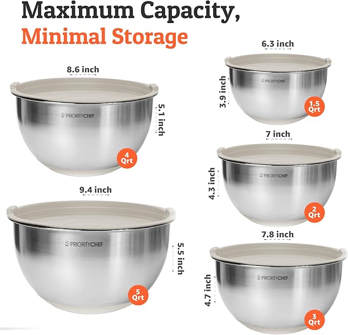 Priority Chef Premium Mixing Bowls With Lids Set, Airtight Lids, Thicker Stainless Steel, Non-Slip Base, 5 Nesting Steel Bowls for Kitchen, Large Prep Metal Bowl Set 1.5/2/3/4/5 Qt, Khaki
