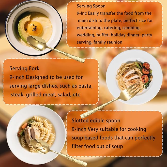 Large Hostess Serving Utensils Set, Stainless Steel Heavy Duty Hammered Serving spoons, Slotted Spoons, Serving Fork, Cake Server, Butter Knife, Dishwasher Safe (Gold)