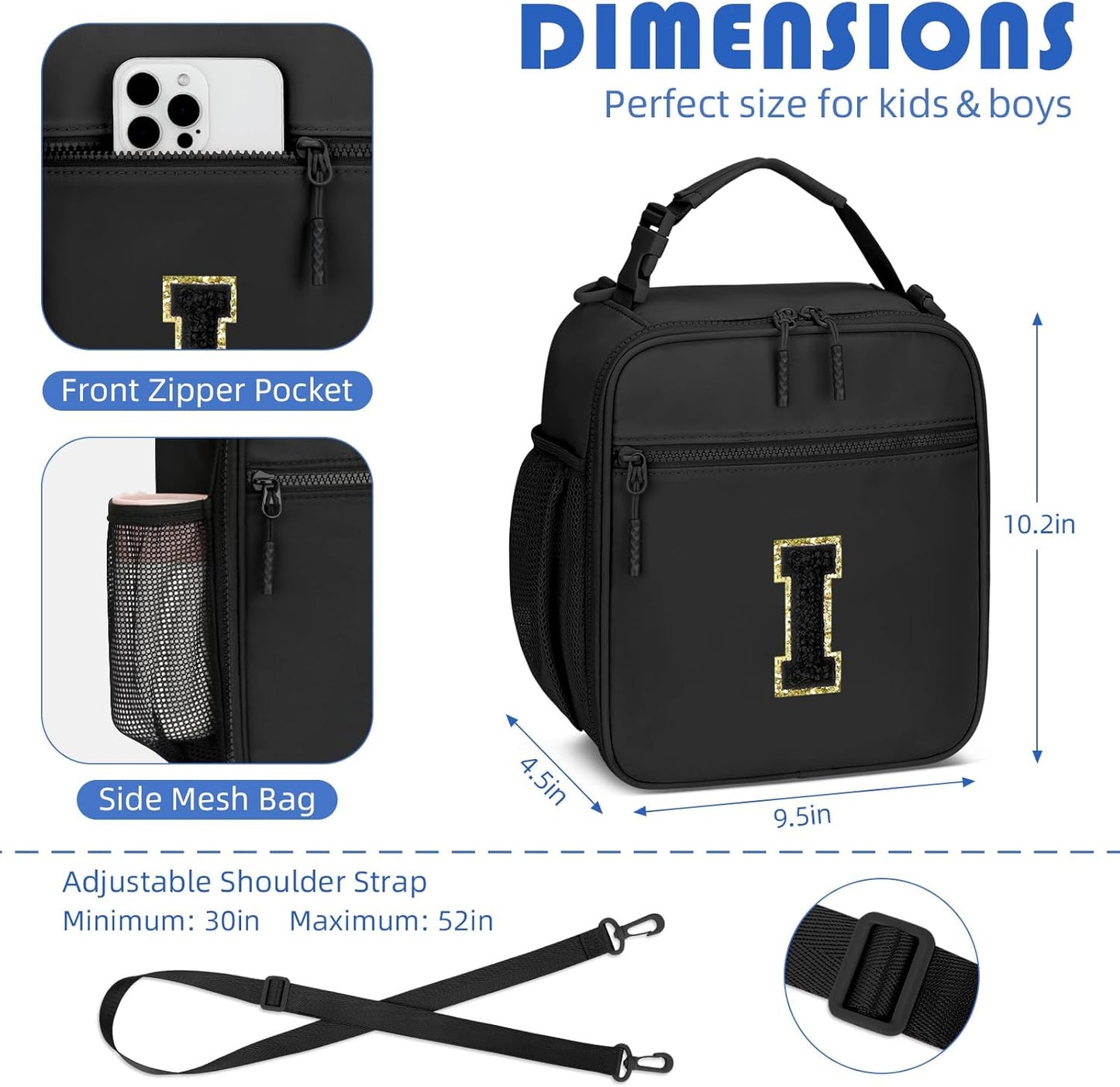 Initial Insulated Lunch Bag for Boys Kids, Back to School Gift, Reusable Leak-proof Lunch Box with Adjustable Strap for School Daycare Travel Picnic（Black，I）