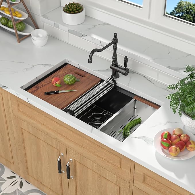 Mocoloo Black Undermount Kitchen Sink - 30x19 Kitchen Workstation Sink 16 Gauge Black Stainless Steel Single Bowl Handmade 30 Inch Undermount Ledge Workstation with Single Track