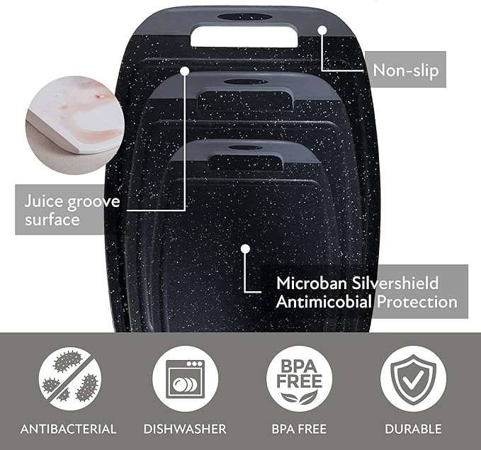 Neoflam Microban Antimicrobial Plastic Cutting Board 3 Sets, BPA Free, Non-Slip EZ Grip Handle, Dishwasher Safe, with Juice Groove