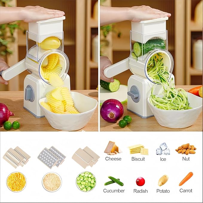 Rotary Cheese Grater with Handle,Replaceable Stainless Blades Cheese Shredder,Multi-Functional Cheese Vegetable Slicer with Storage Box,Easy to Clean Kitchen Gadgets with Storage Box (Beige, 3 Blades)