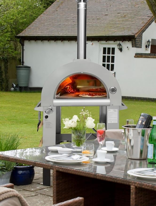 32.5 inch Propane Gas and Wood Fired Pizza Oven with Open Shelf and Wheels, Large Outdoor Oven for BBQ, Grilling, Stainless Steel Pizza Oven for Outdoor, Backyard and Party (Silver without Cover)