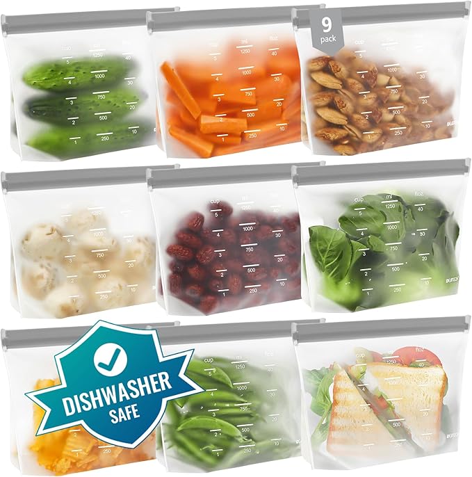 Dishwasher Safe Reusable Storage bags Stand Up - BPA Free Reusable Sandwich bags - Leakproof Gallon Freezer bag, Food Storage bag - Grey 9 Sandwich