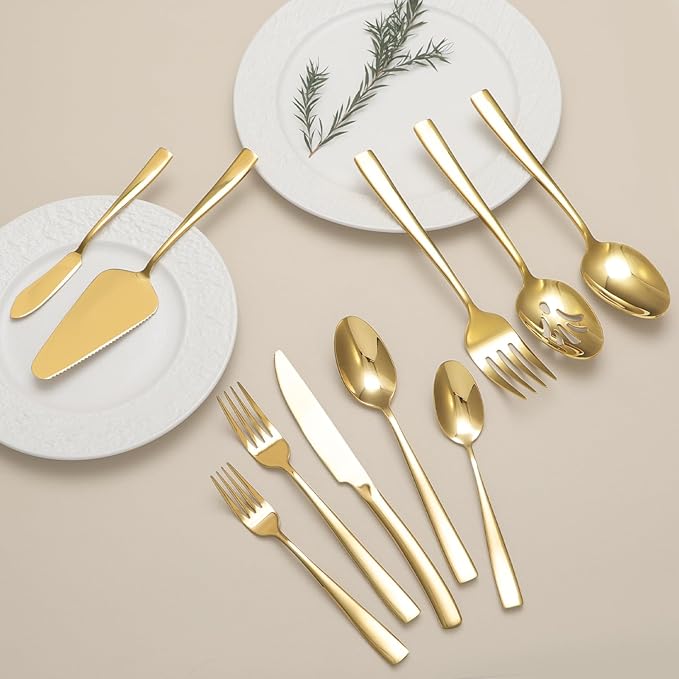 Large Hostess Serving Utensils Set, Stainless Steel Heavy Duty Serving spoons, Slotted Spoons, Serving Fork, Cake Server, Butter Knife, Dishwasher Safe (Gold)