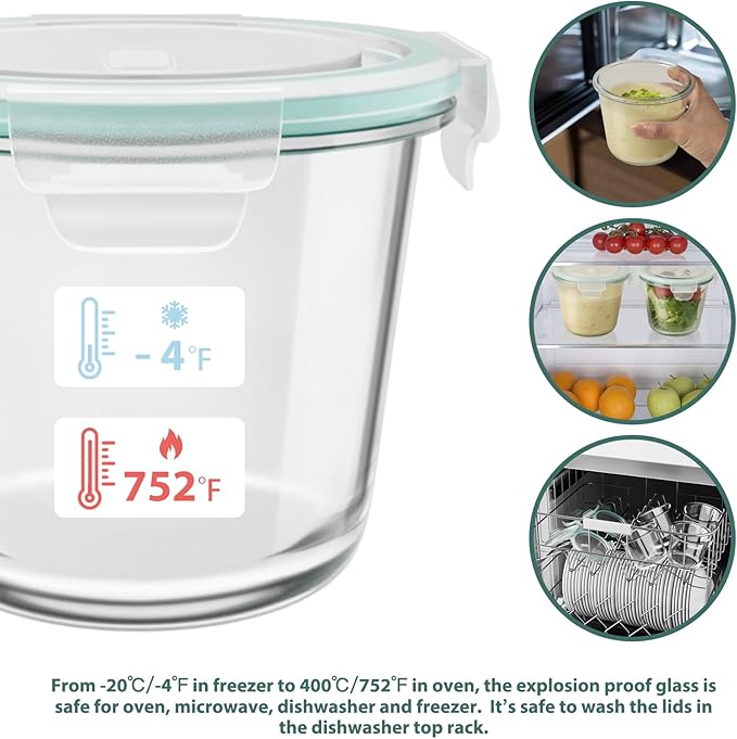 Freshmage 3 Cup Glass Soup Storage Containers with Lids (6 Sets), 23oz Glass Deli Container Heat-Resistant BPA-Free Airtight for feeding the Southern Starter, Microwave, Dishwasher, Freezer Safe