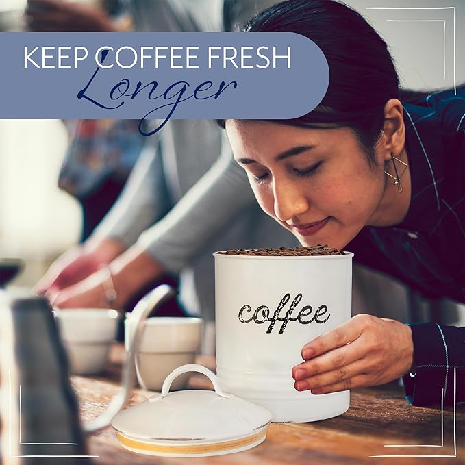 AuldHome Design Enamelware White Coffee Canister; Rustic Distressed Style Tea Storage for Kitchen