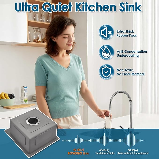 ROVOGO 15x17x8 in. Drop in Bar Prep Sink 304 Stainless Steel, 1-Hole Single Bowl Kitchen Sink with Basket Strainer, Small Secondary Entertainment Wet-Bar Sinks, Brushed