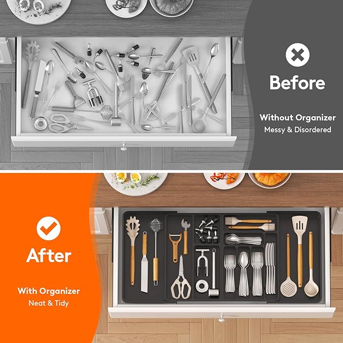 Lifewit Large Silverware Drawer Organizer, Plastic Cooking Utensil Tray for Kitchen, Expandable From 21 to 36 Inches, Adjustable Flatware Cutlery Spoon Fork Knife Spatula Gadgets Holder, Black