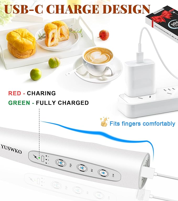 YUSWKO Milk Frother Handheld for Coffee, Rechargeable Drink Mixer with 3 Heads 3 Speeds Electric Coffee Frother Whisk, Gift for Many Occasions and Festival