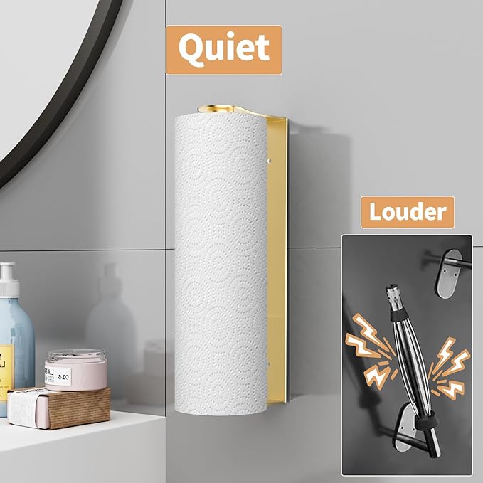 Gold Paper Towel Holder Under Cabinet, Gold Kitchen Accessories Decor, Stainless Steel, Wall Mount Paper Towel Holder for Bathroom, Adhesive or Screws