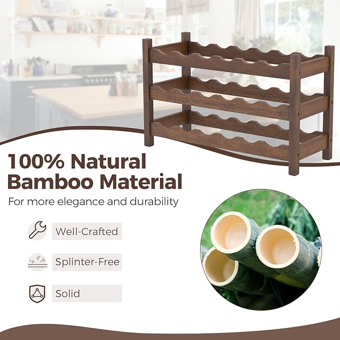 COSTWAY 3-Tier Bamboo Wine Rack, 18-Bottle Tabletop Wine Holder with Wave Slot, Freestanding Countertop Wine Bottle Organizer for Kitchen, Pantry, Pub & Wine Cellar, Brown