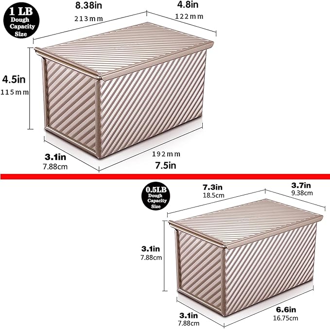 2 Pack Pullman Loaf Pan with Lid, 1 lb/0.5 lb Dough Capacity, Carbon Steel Corrugated, Non-Stick Sandwich Bread Loaf Pan with Lid