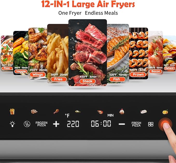 PULZO 7.4 Qt Large Air Fryer, 13IN Large Pizza Airfryer, 12-IN-1Smart Digital Fryer with Basket, 166° Viewing Window, 8 Airfryer Presets, Roast, Bake, Broil, Reheat, Dehydrate, Automatic Shutdown