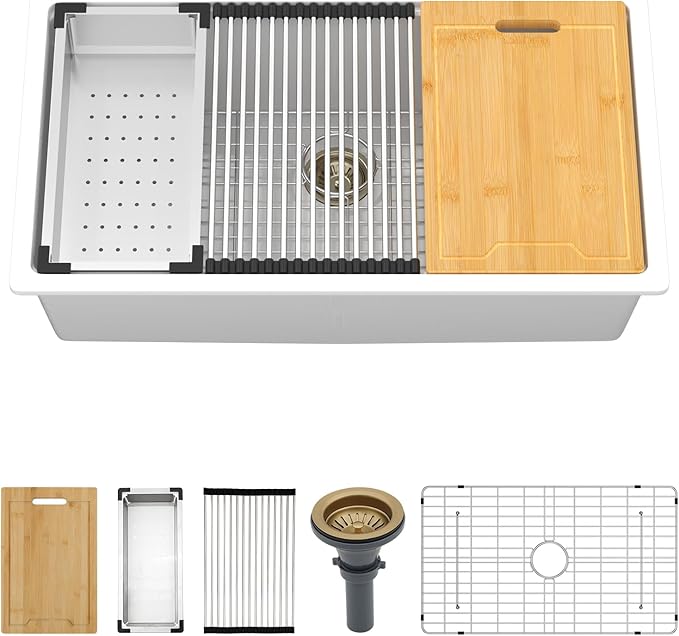 Kichae 30 Granite Composite Kitchen Sink White - 30" x 19" Granite Composite Kitchen Sink Undermount Workstation Under Counter Quartz Single Bowl Sink Basin