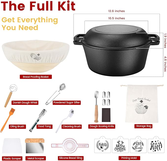 ARC 5QT Cast Iron Dutch Oven for Bread Baking with Skillet Lid, Sourdough Bread Baking Supplies Kit inc. Proofing Basket & Lame, Dutch Oven Pot for Sourdough, Braising, Frying, Bread Oven