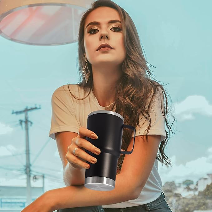 20 oz Tumbler with Handle and Lid, Stainless Steel Tumbler Insulated Travel Coffee Mug, Spill Proof Double Wall Vacuum Tumbler Cup Keep Drink Hot & Cold, Black, 12 Pack